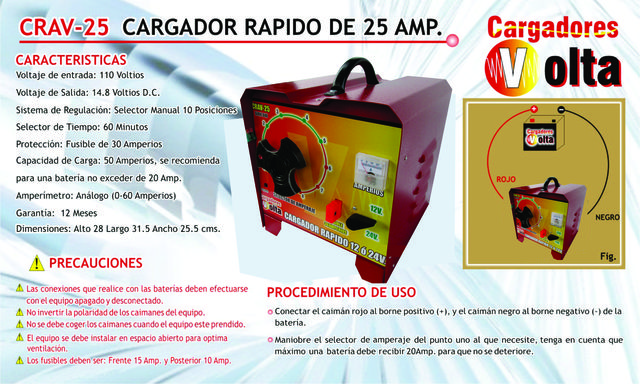 CRAV-25: Cargador rapido para 12/24 voltios 25 amperios.