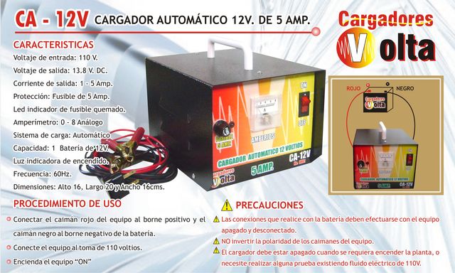 cargador automático 12 voltios a 5 amperios.