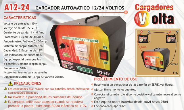Cargador automatico 12/24 voltios 10Amp.